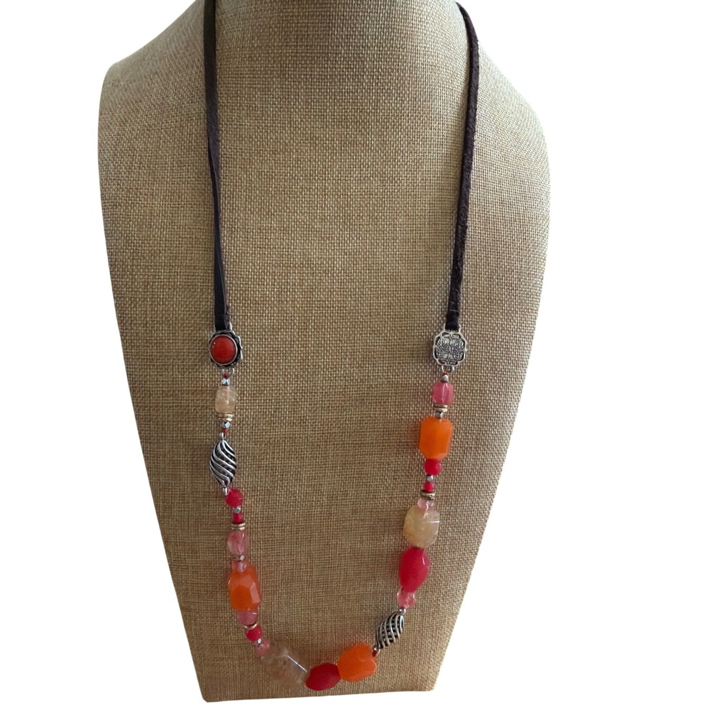 Boho Beaded Leather Cord Necklace Orange Red Pink Silver Tone Adjustable‎